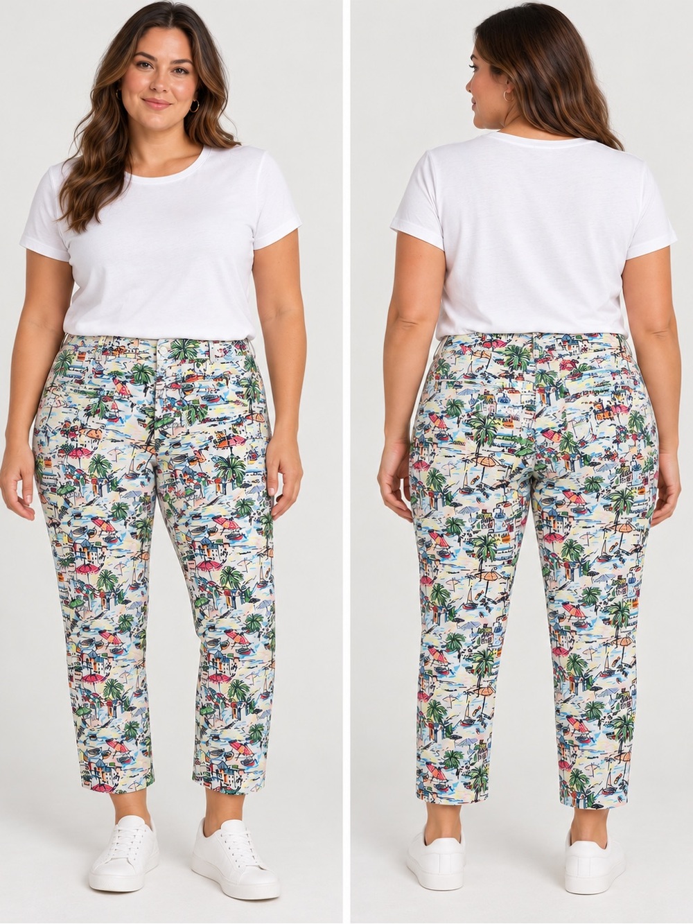 Talbots 98% Cotton White Multicolor Cropped Scenic-Print Pants 16